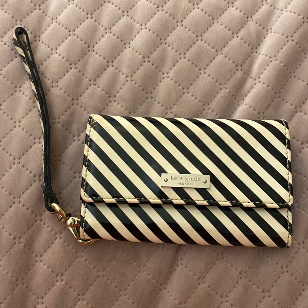 Kate Spade cardholder phone case with black and white stripes